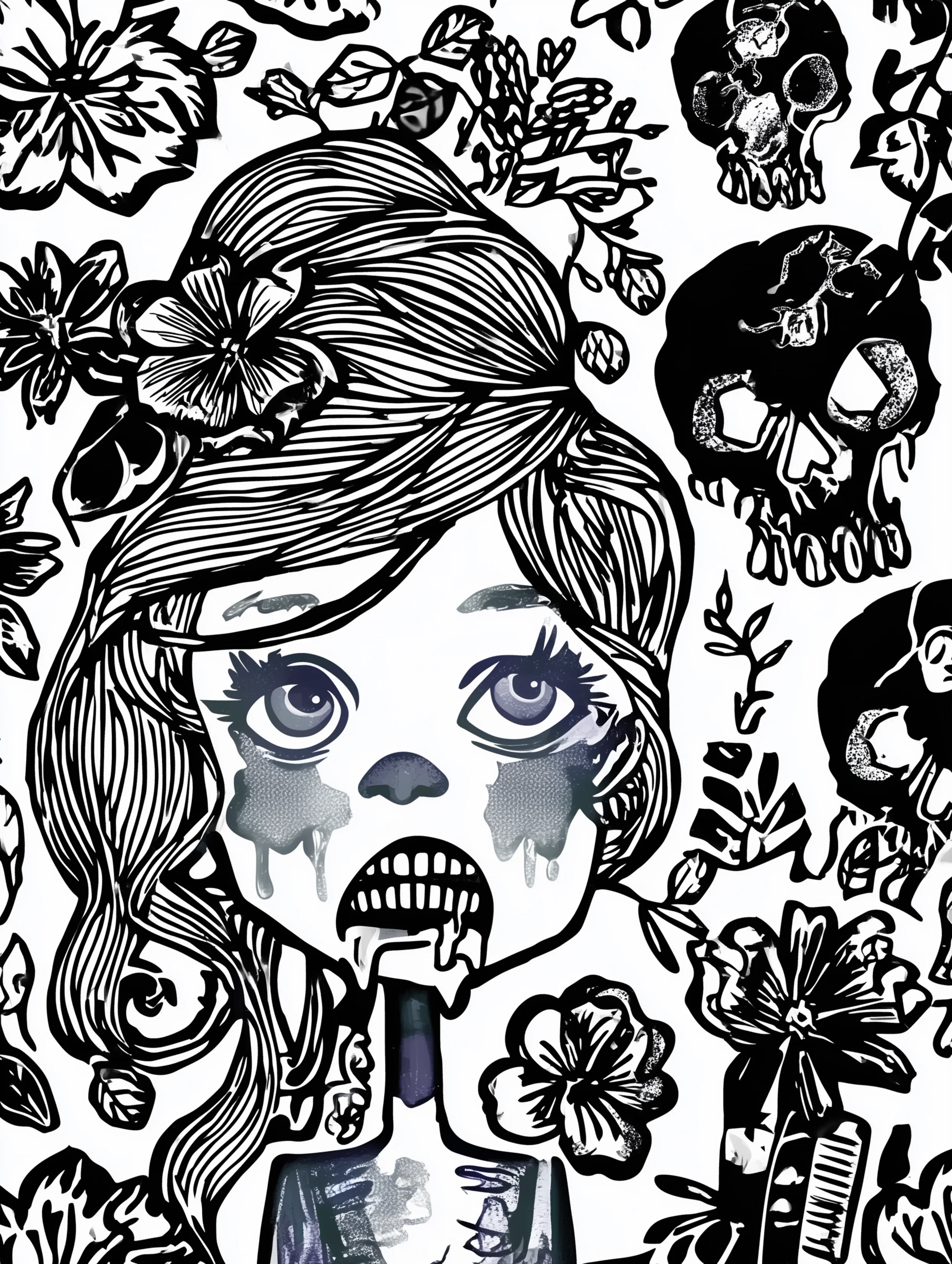 Free printable zombie coloring page for adults featuring a black skull with a zombie girl